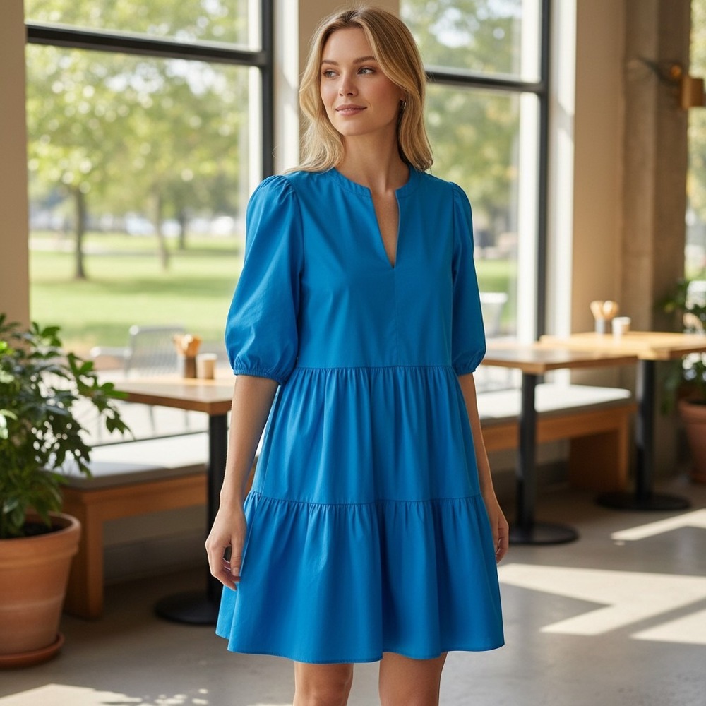 Chico's NWOT Blue Poplin Puff Sleeve Tiered Dress Pockets US 12 - Picture 1 of 10